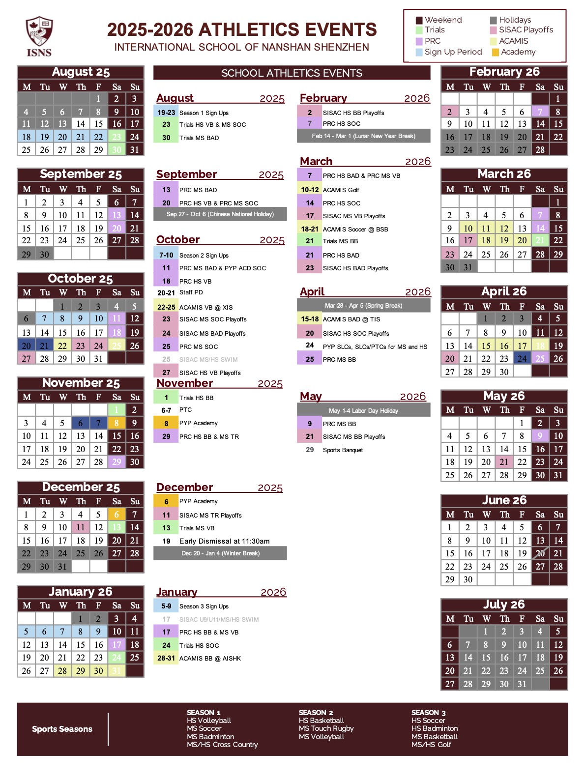 Athletics Annual Events Calendar