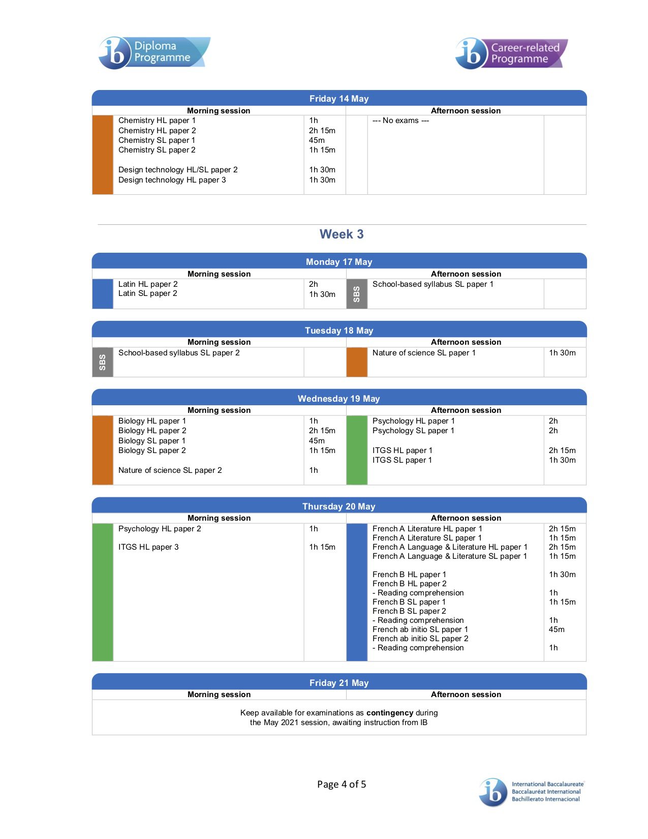 IB DP Assessment Calendar
