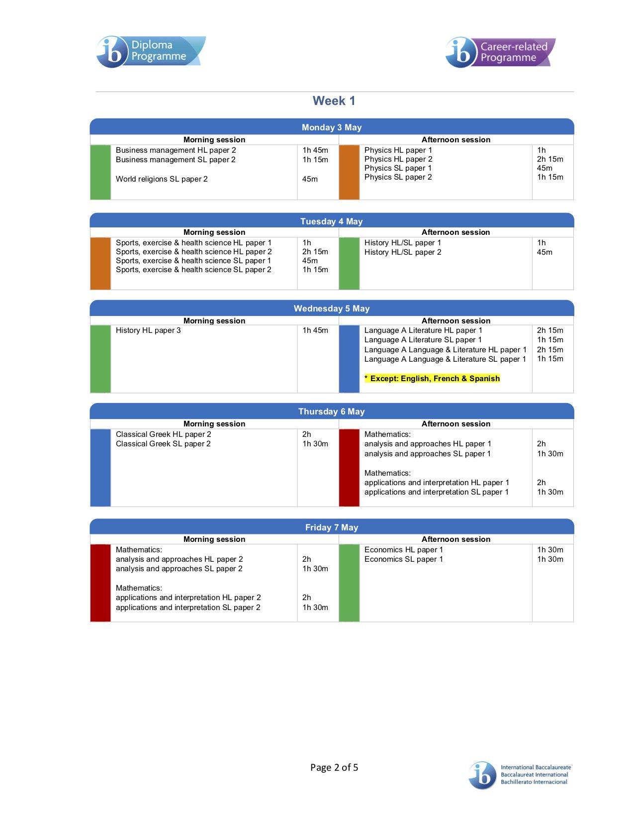 IB DP Assessment Calendar